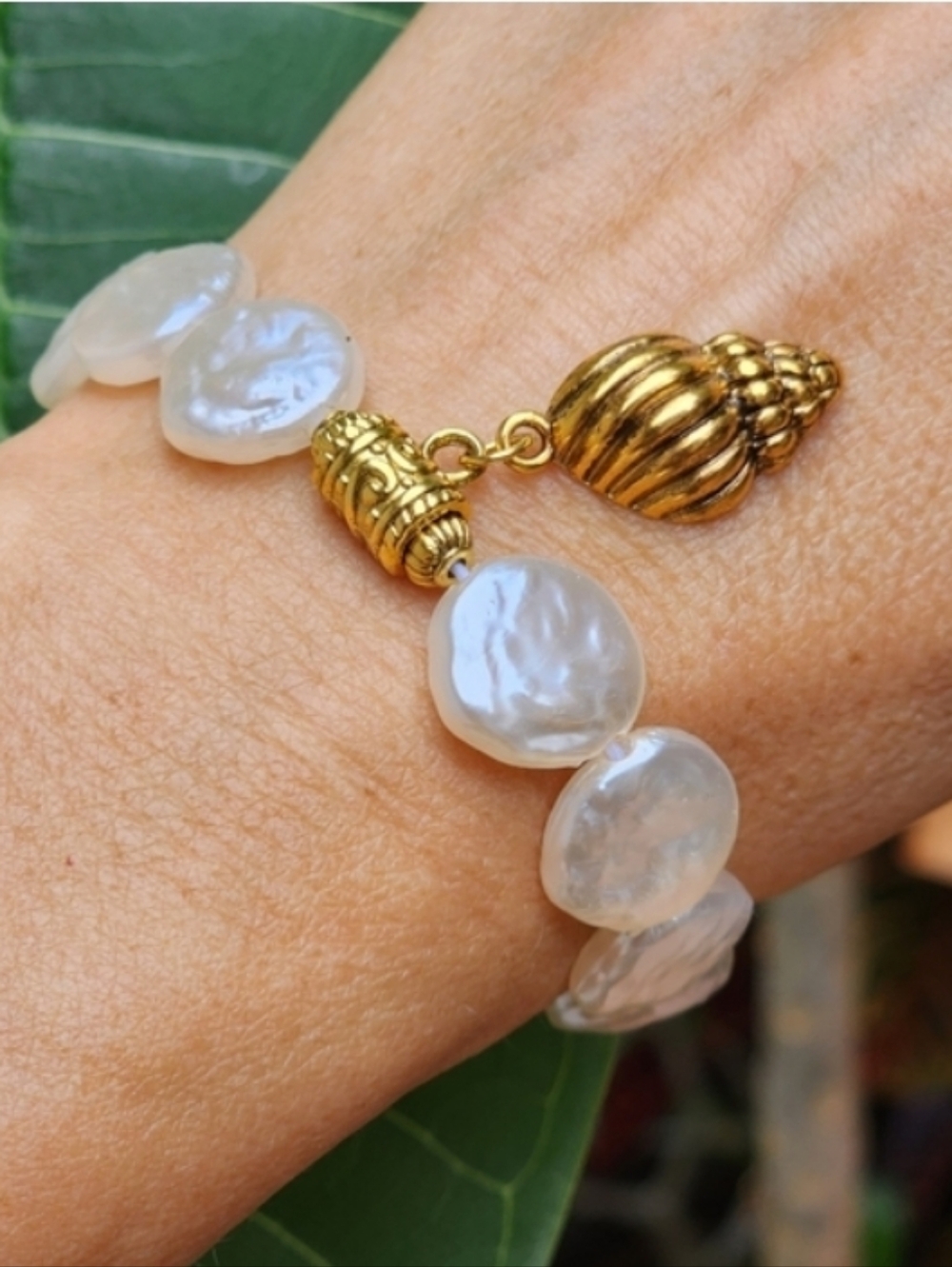 Golden Stretchy Bracelet Resin Large Coin Baroque Pearls Boho Jewelry